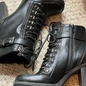 Black “combat” heeled boots.  Durable and funky.